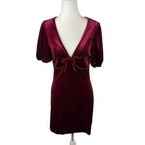 NWT Le Lis Crimson Velvet Babydoll Puff Sleeve Mini Dress Small Holiday Bow